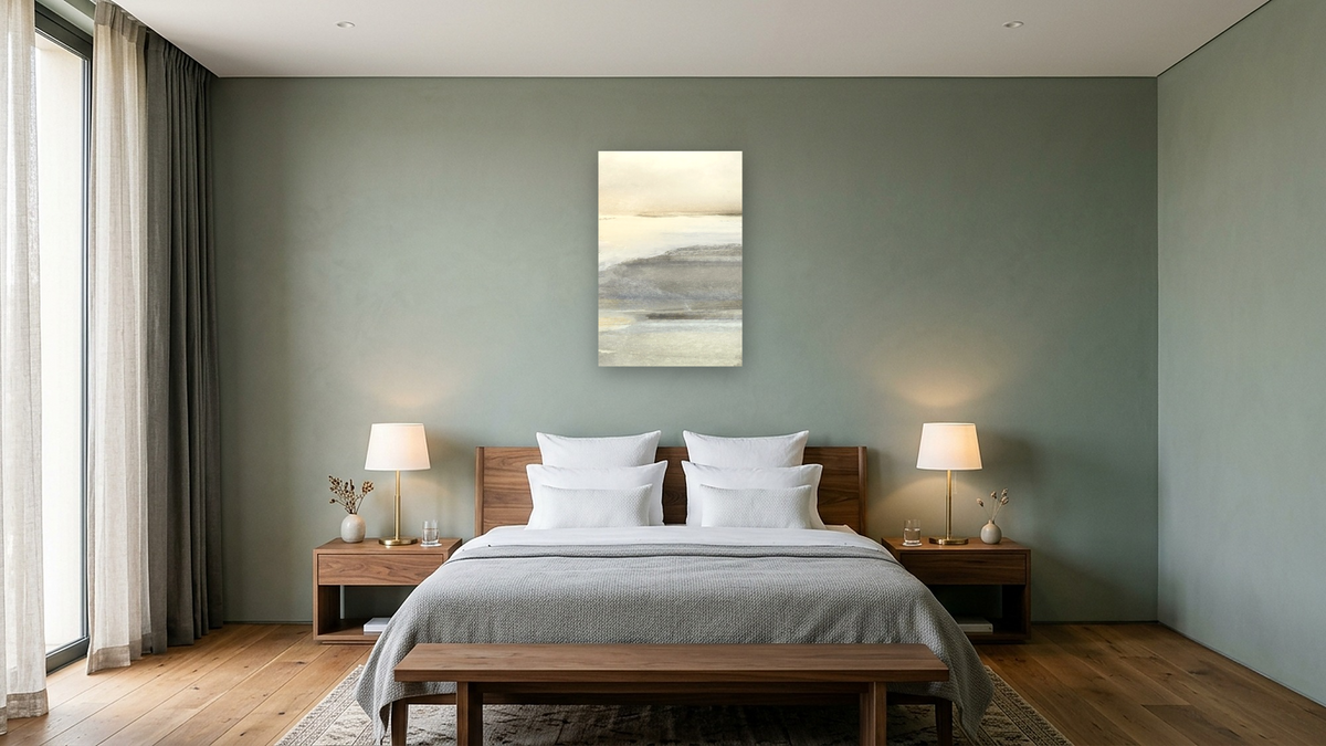 Land 3 by Dan Hobday, shown at 28 × 42 in (71.1 × 106.7 cm) as gallery-wrapped canvas, hotel guest room