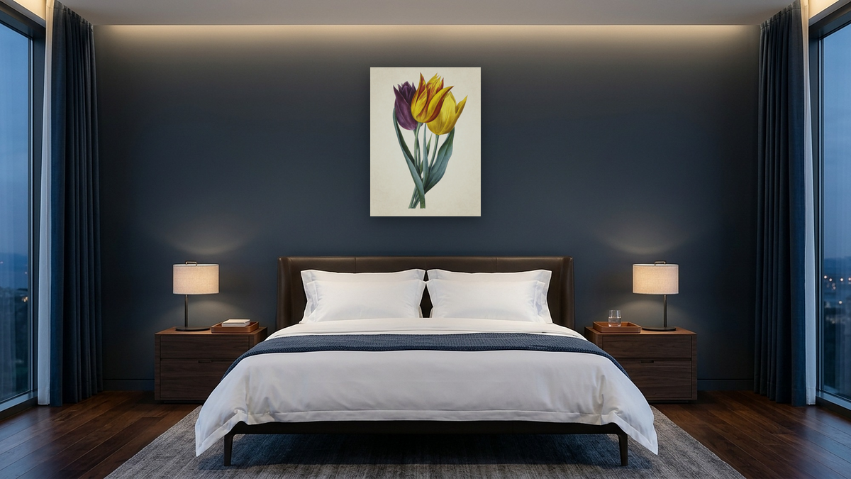 Tulipe de Gesner [Tulipa gesneriana L.] by Pierre Joseph Redouté, shown at 30 × 40 in (76.2 × 101.6 cm) as gallery-wrapped canvas, hotel guest room