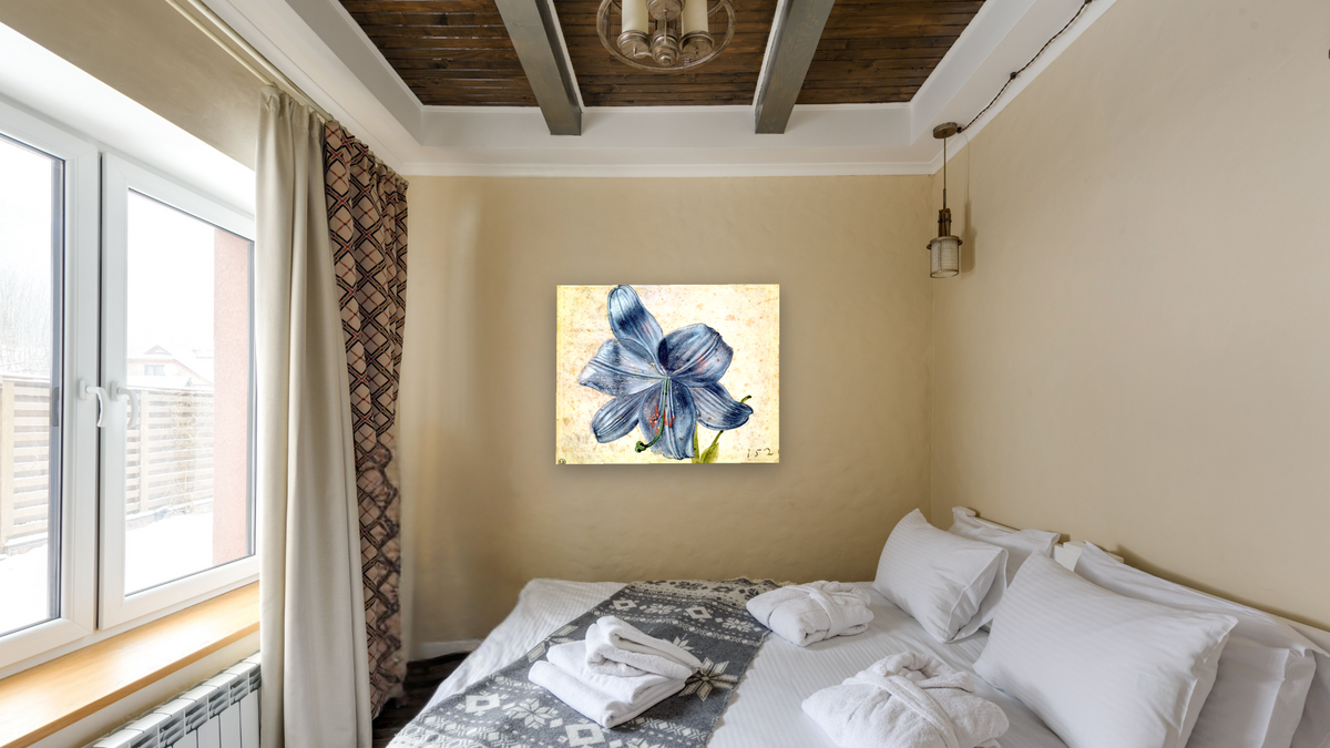 Study of a lily by Albrecht Dürer, shown at 32 × 40 in (81.3 × 101.6 cm) as gallery-wrapped canvas, hotel guest room