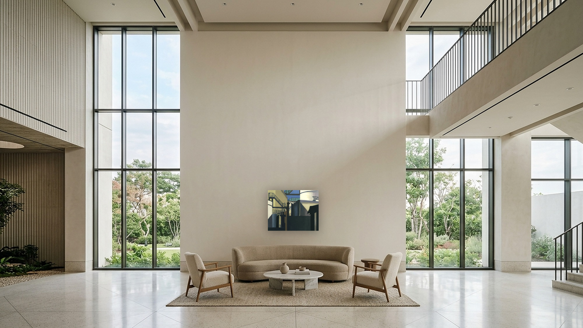 Western Industrial by Charles Sheeler, shown at 32 × 40 in (81.3 × 101.6 cm) as gallery-wrapped canvas, hotel lobby