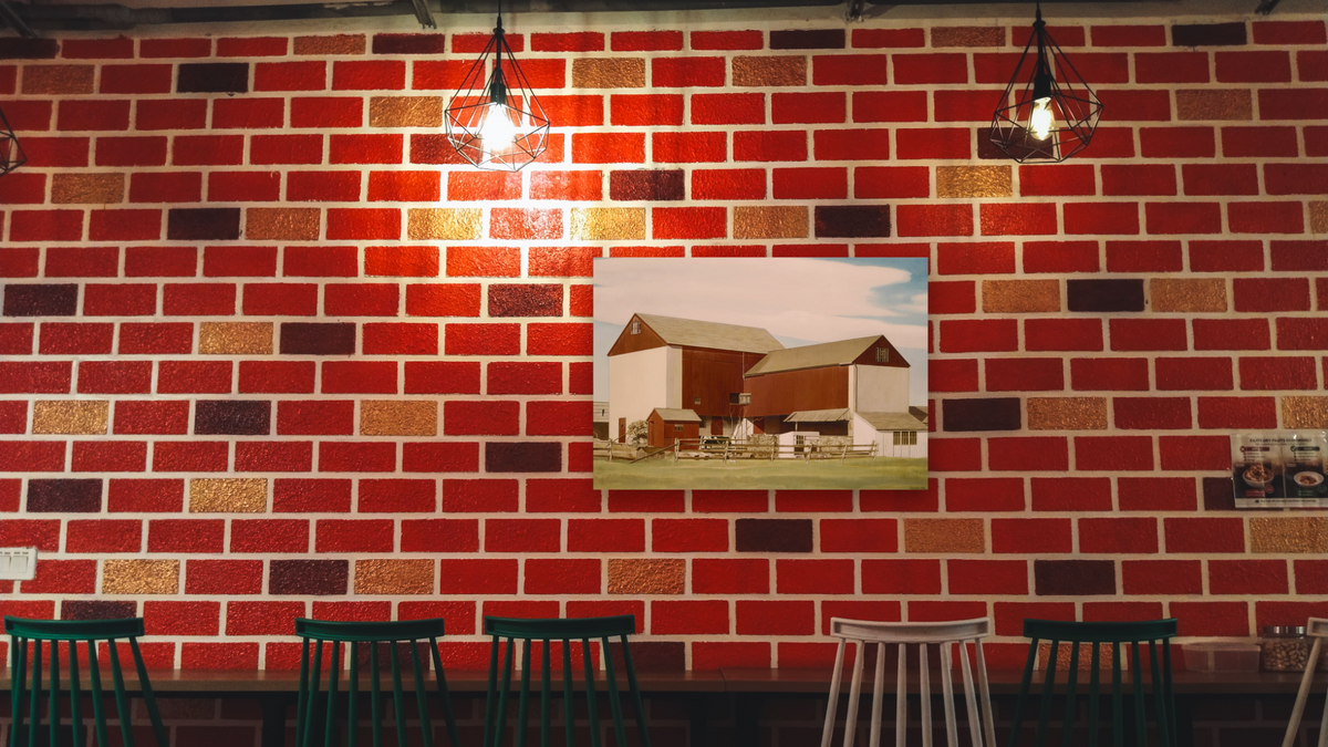Bucks County Barn by Charles Sheeler, shown at 28 × 42 in (71.1 × 106.7 cm) as gallery-wrapped canvas, restaurant