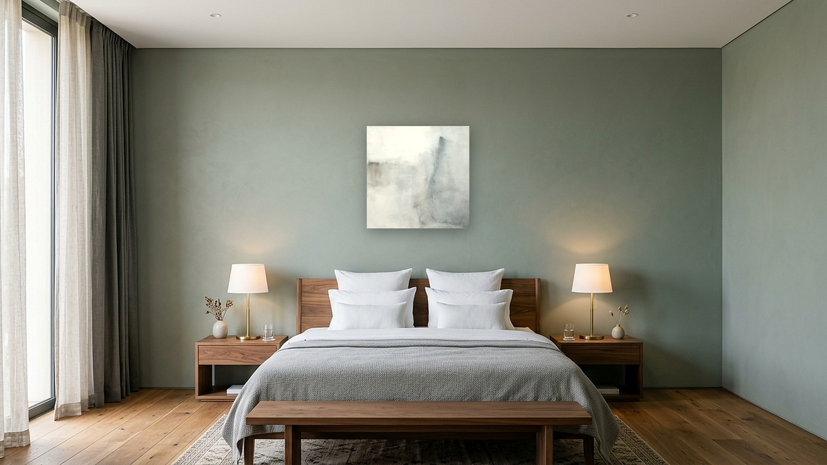 No. 285 by Michelle Oppenheimer, shown at 32 × 32 in (81.3 × 81.3 cm) as gallery-wrapped canvas, hotel guest room