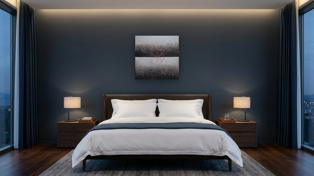 Group IX/SUW, No. 10, The Swan by Hilma af Klint, shown at 32 × 32 in (81.3 × 81.3 cm) as gallery-wrapped canvas, hotel guest room