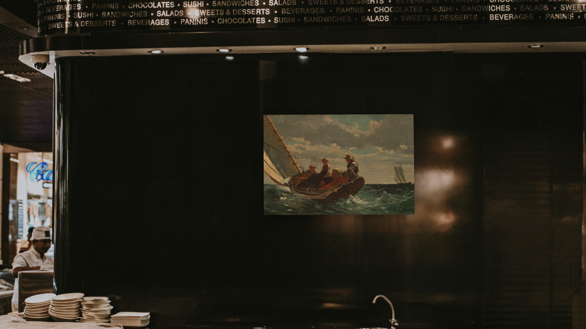 Breezing Up (A Fair Wind) by Winslow Homer, shown at 28 × 42 in (71.1 × 106.7 cm) as gallery-wrapped canvas, restaurant