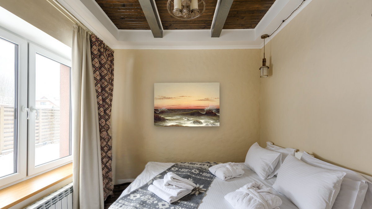 Seascape: Sunset by Martin Johnson Heade, shown at 28 × 42 in (71.1 × 106.7 cm) as gallery-wrapped canvas, hotel guest room
