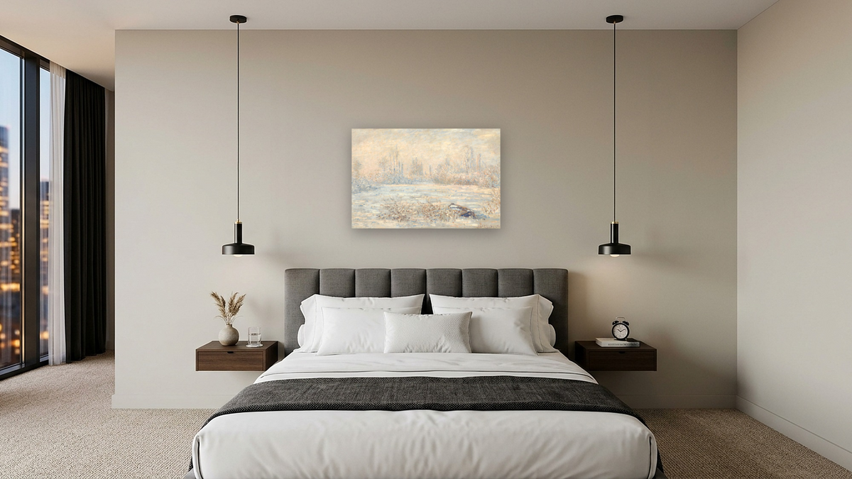 Le Givre (View of Vetheuil in Winter, Val-d'Oise, Ile-de-France) by Claude Monet, shown at 28 × 42 in (71.1 × 106.7 cm) as gallery-wrapped canvas, hotel guest room