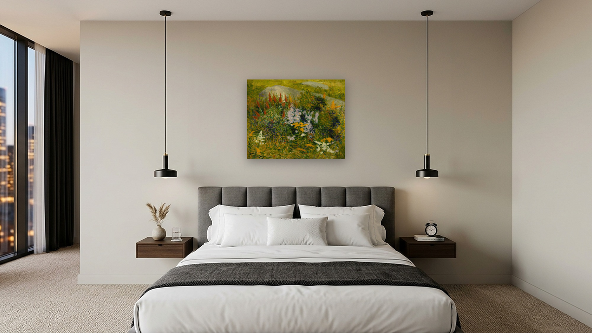 A Bit of Detail by John Leslie Breck, shown at 32 × 40 in (81.3 × 101.6 cm) as gallery-wrapped canvas, hotel guest room