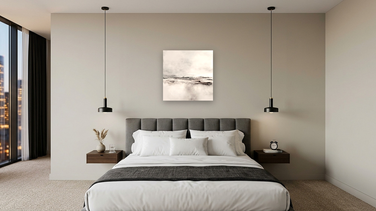 Ranch by Dan Hobday, shown at 32 × 32 in (81.3 × 81.3 cm) as gallery-wrapped canvas, hotel guest room