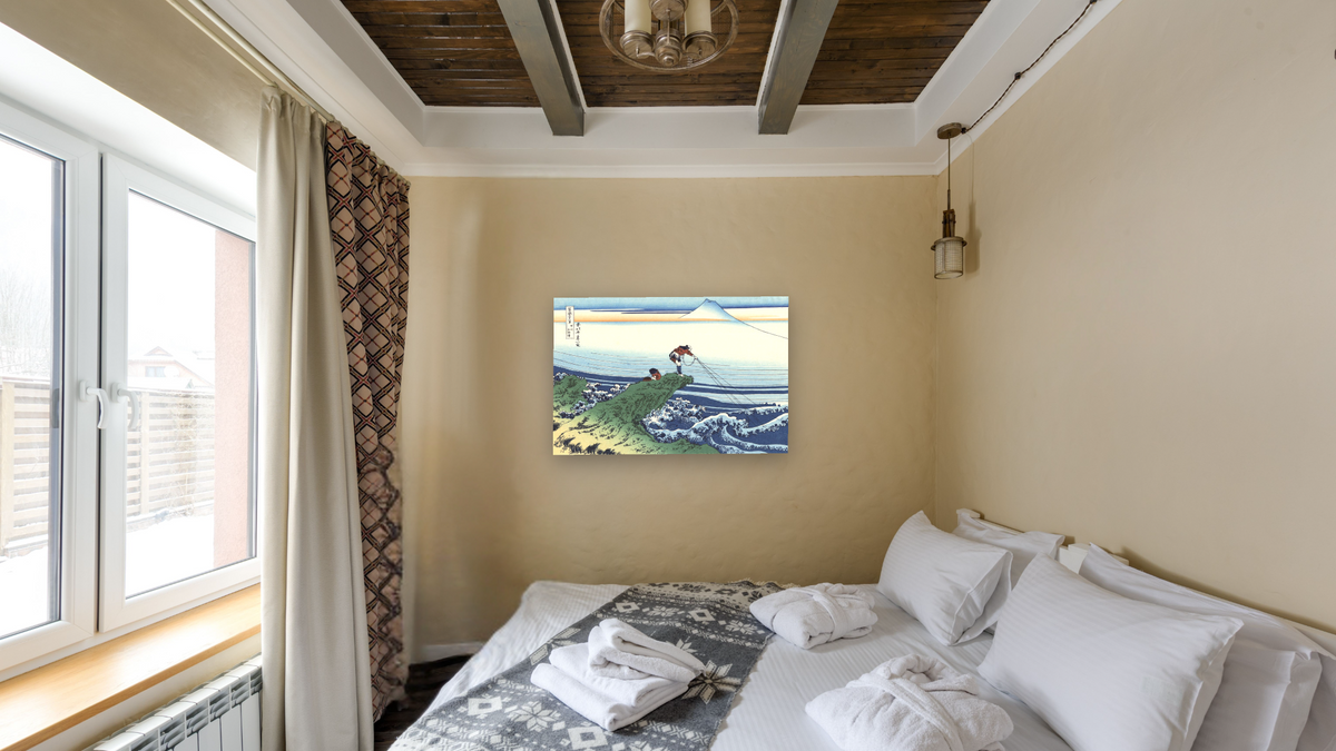 Kajikazawa in Kai Province by Katsushika Hokusai, shown at 28 × 42 in (71.1 × 106.7 cm) as gallery-wrapped canvas, hotel guest room