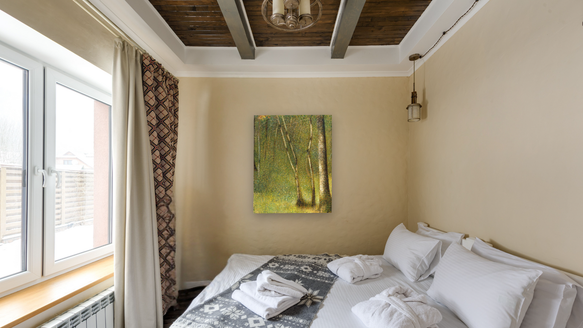 The Forest at Pontaubert by Georges Seurat, shown at 32 × 40 in (81.3 × 101.6 cm) as gallery-wrapped canvas, hotel guest room