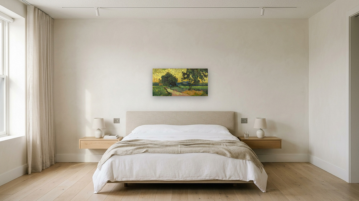 Landscape at Twilight by Vincent van Gogh, shown at 20 × 40 in (50.8 × 101.6 cm) as gallery-wrapped canvas, hotel guest room