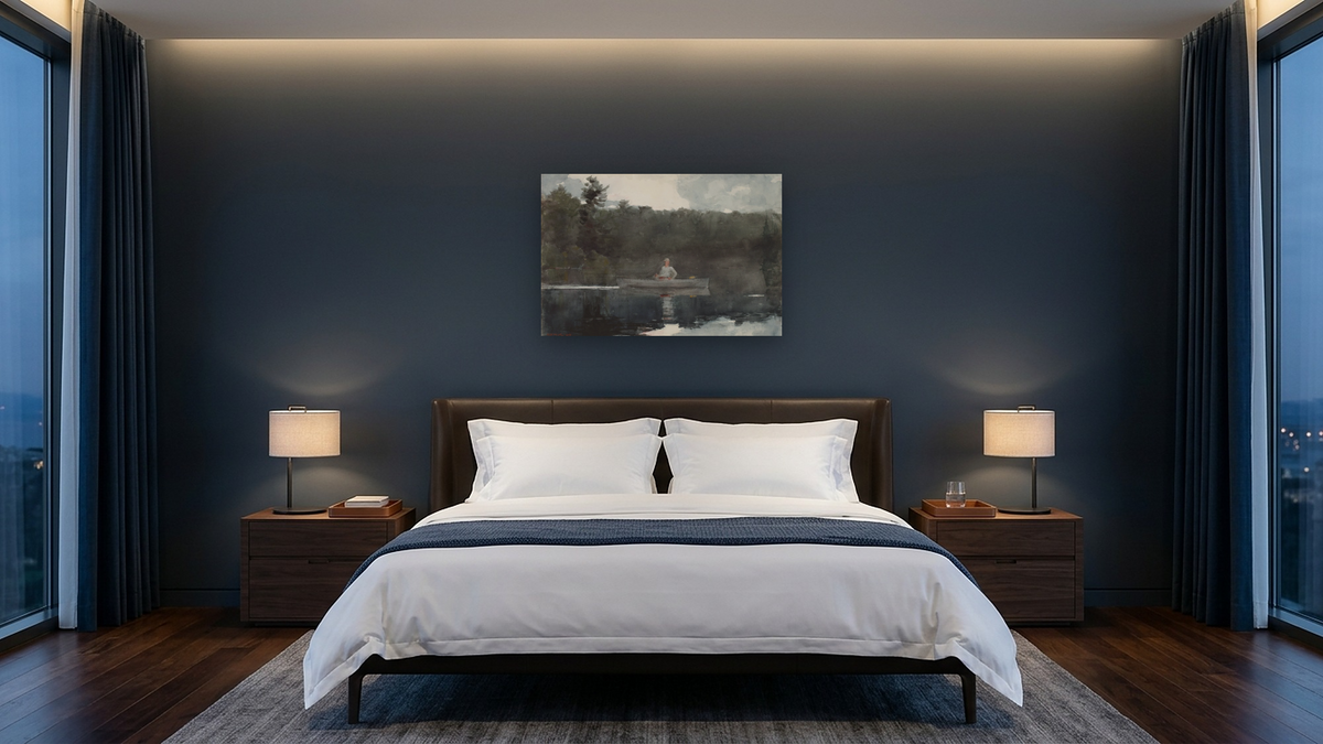 The Lone Fisherman by Winslow Homer, shown at 28 × 42 in (71.1 × 106.7 cm) as gallery-wrapped canvas, hotel guest room