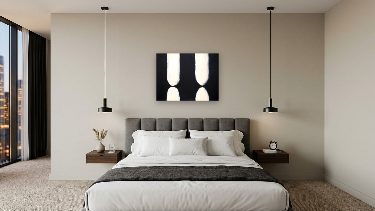 Black and White 3 by Tayt Modern, shown at 30 × 40 in (76.2 × 101.6 cm) as gallery-wrapped canvas, hotel guest room