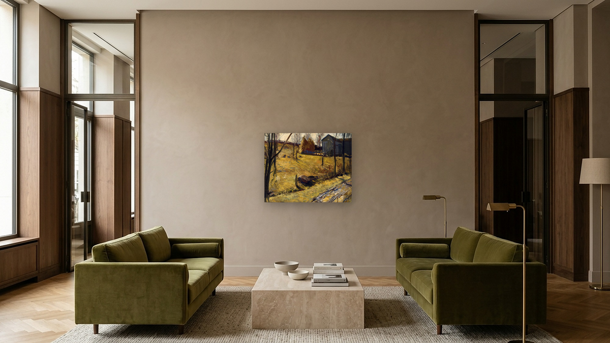 Haystacks and Barn by George Wesley Bellows, shown at 32 × 40 in (81.3 × 101.6 cm) as gallery-wrapped canvas, hotel lobby