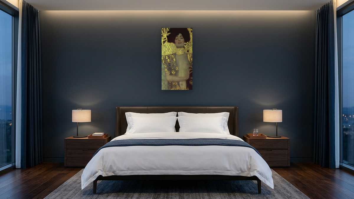 Judith by Gustav Klimt, shown at 20 × 40 in (50.8 × 101.6 cm) as gallery-wrapped canvas, hotel guest room