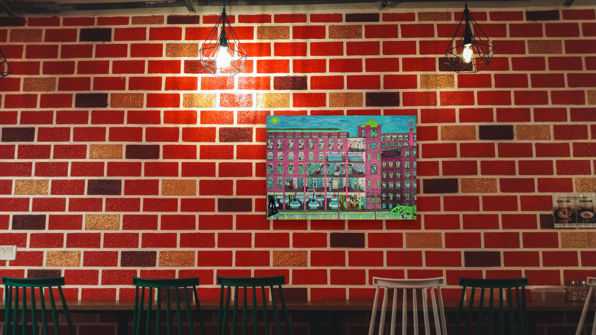 Mill Workers - Night Shift #1 by Ralph Fasanella, shown at 28 × 42 in (71.1 × 106.7 cm) as gallery-wrapped canvas, restaurant