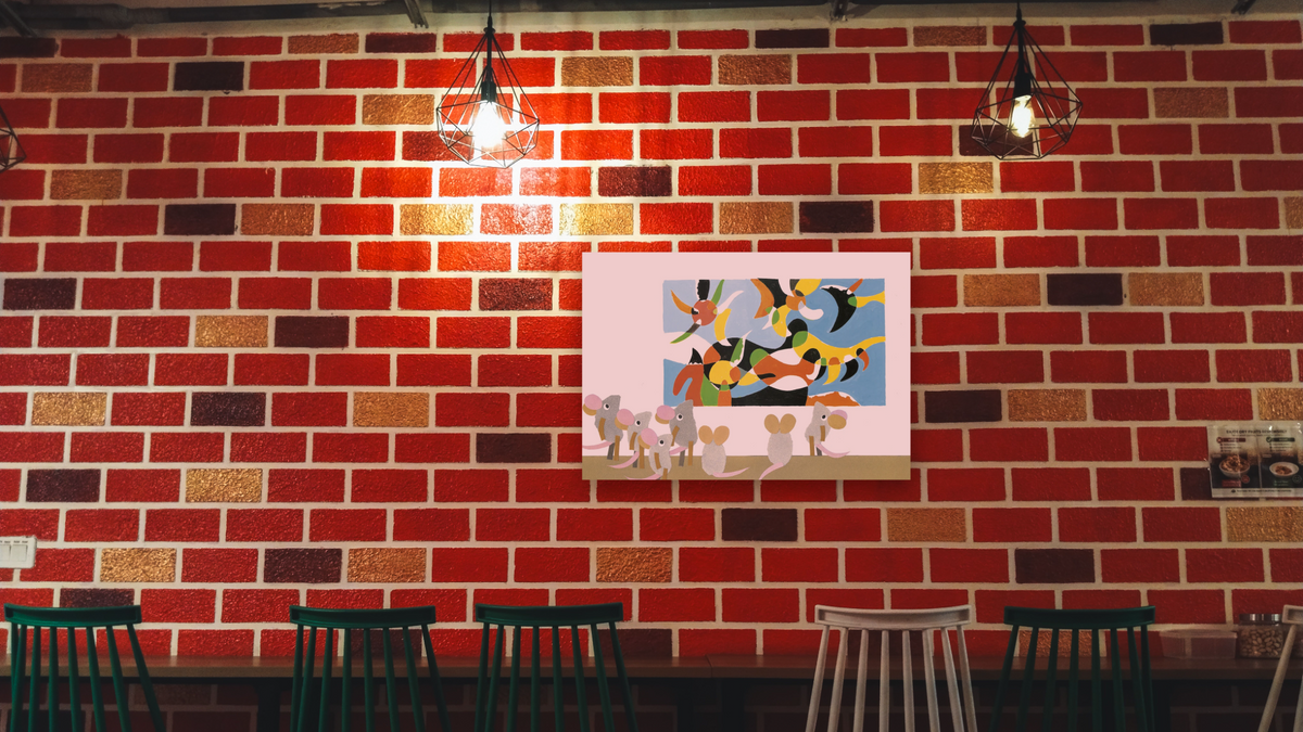 Matthew's Dream XIV by Leo Lionni, shown at 28 × 42 in (71.1 × 106.7 cm) as gallery-wrapped canvas, restaurant