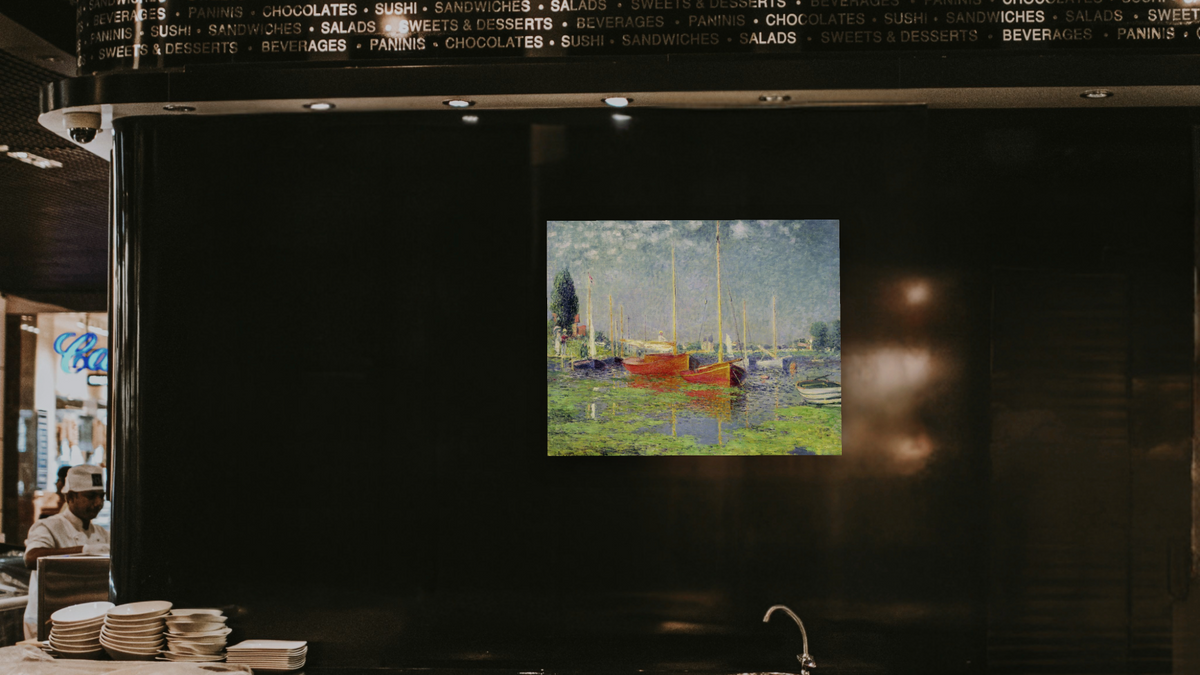 Argenteuil by Claude Monet, shown at 32 × 40 in (81.3 × 101.6 cm) as gallery-wrapped canvas, restaurant