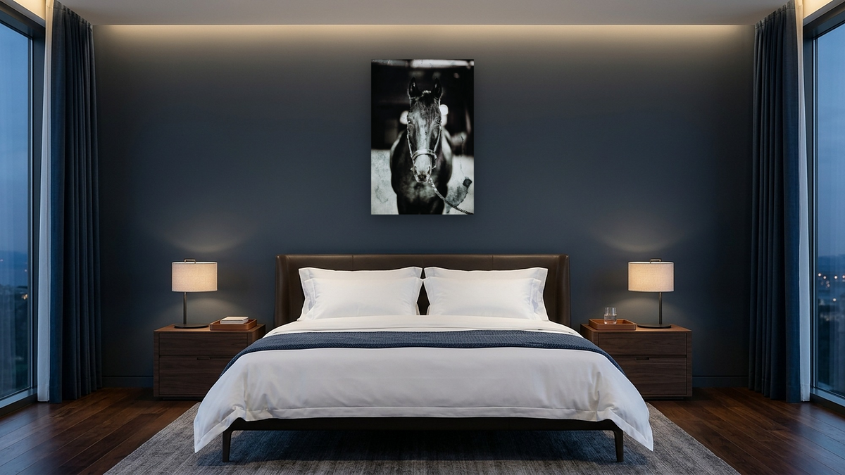 Sunday Blues by Brandon Luther, shown at 28 × 42 in (71.1 × 106.7 cm) as gallery-wrapped canvas, hotel guest room