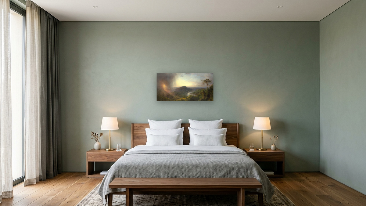 Vale of St. Thomas, Jamaica by Frederic Edwin Church, shown at 20 × 40 in (50.8 × 101.6 cm) as gallery-wrapped canvas, hotel guest room