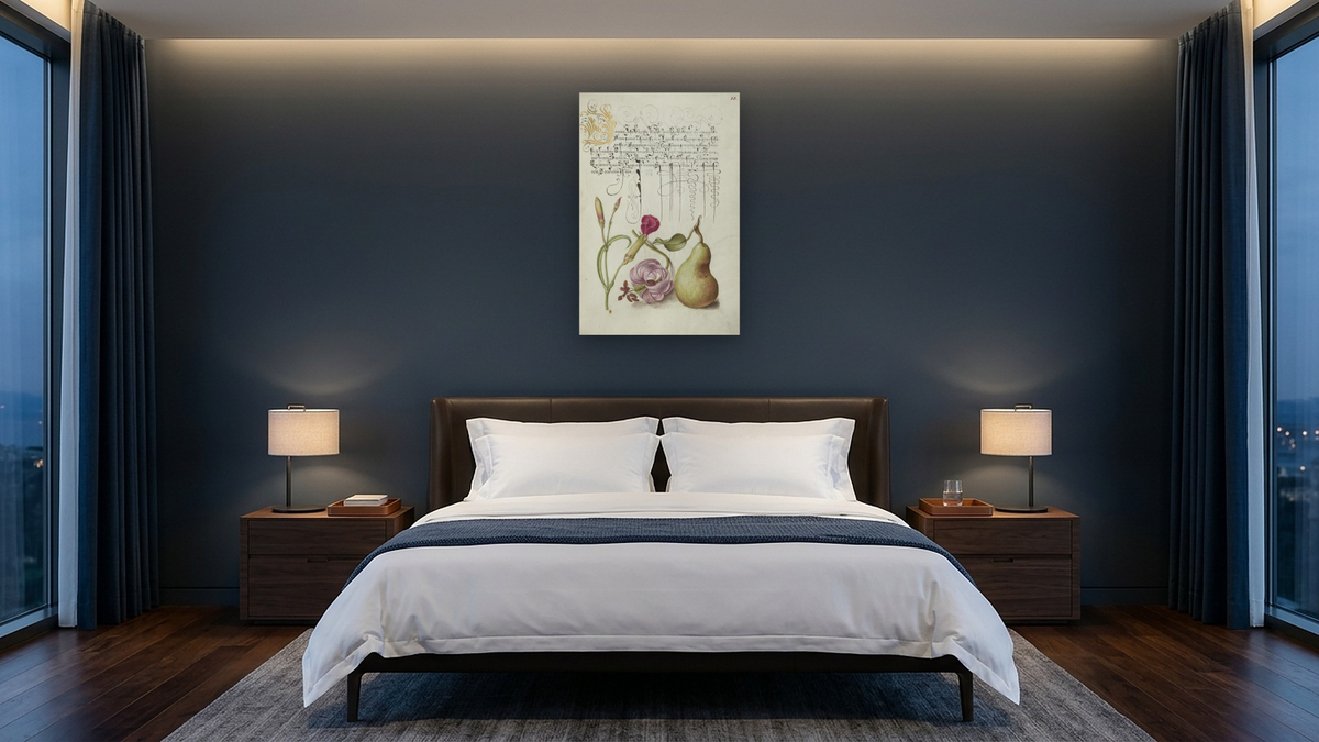 Carnation, Martagon Lily, and Pear by Joris Hoefnagel and Georg Bocskay, shown at 28 × 42 in (71.1 × 106.7 cm) as gallery-wrapped canvas, hotel guest room