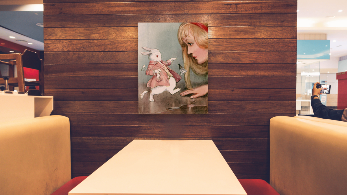 Alice in Wonderland: Alice and the White Rabbit by Margaret Winifred Tarrant, shown at 30 × 40 in (76.2 × 101.6 cm) as gallery-wrapped canvas, restaurant