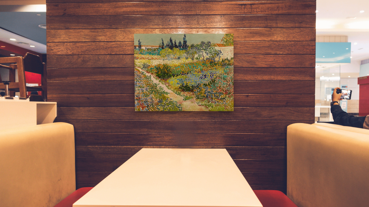 Garden at Arles by Vincent van Gogh, shown at 32 × 40 in (81.3 × 101.6 cm) as gallery-wrapped canvas, restaurant
