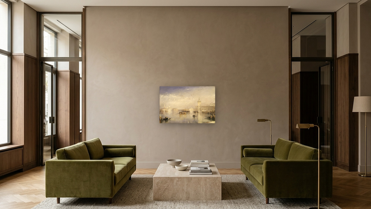 The Dogano, San Giorgio, Citella, from the Steps of the Europa by Joseph Mallord William Turner, shown at 28 × 42 in (71.1 × 106.7 cm) as gallery-wrapped canvas, hotel lobby