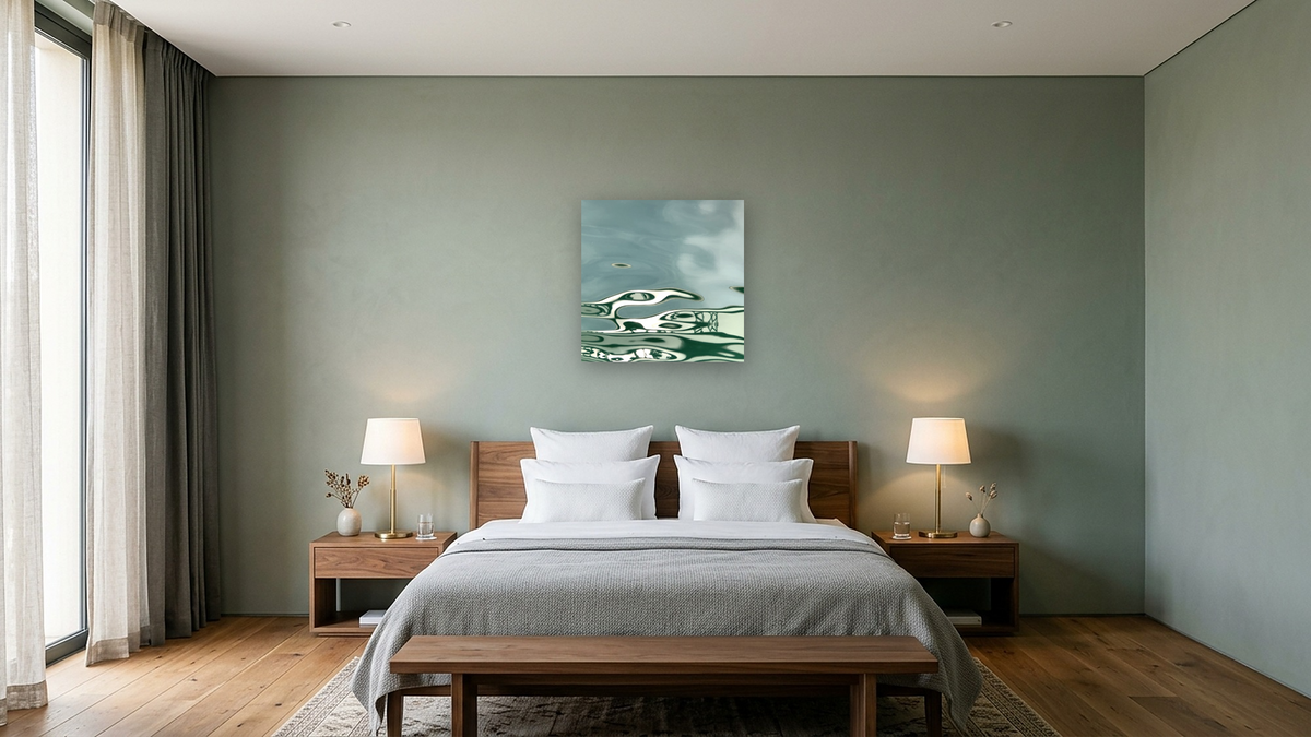 The Skyhawk by Judith Rayl, shown at 32 × 32 in (81.3 × 81.3 cm) as gallery-wrapped canvas, hotel guest room