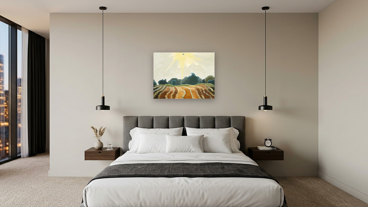 Morning Sun by Arthur Garfield Dove, shown at 30 × 40 in (76.2 × 101.6 cm) as gallery-wrapped canvas, hotel guest room