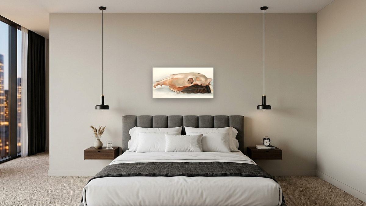 Horizontal Horse's or Mule's Skull with Feather by Georgia O'Keeffe, shown at 20 × 40 in (50.8 × 101.6 cm) as gallery-wrapped canvas, hotel guest room