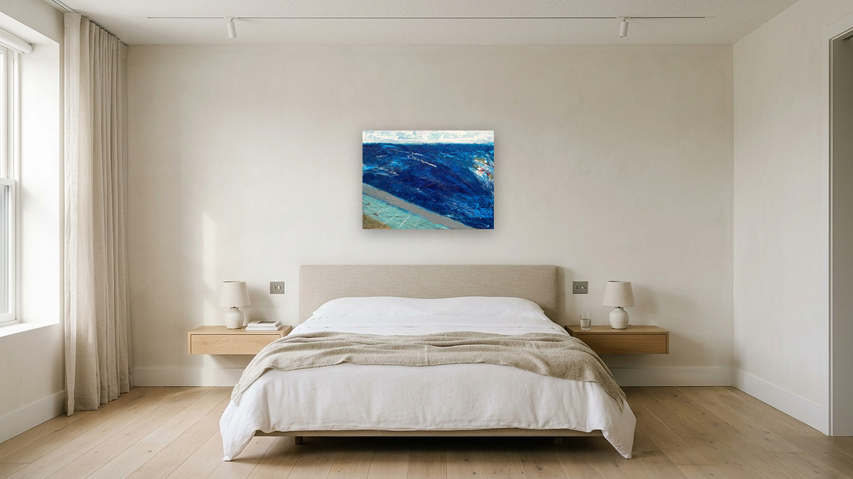 Troubled Waters by Dobee Snowber, shown at 30 × 40 in (76.2 × 101.6 cm) as gallery-wrapped canvas, hotel guest room