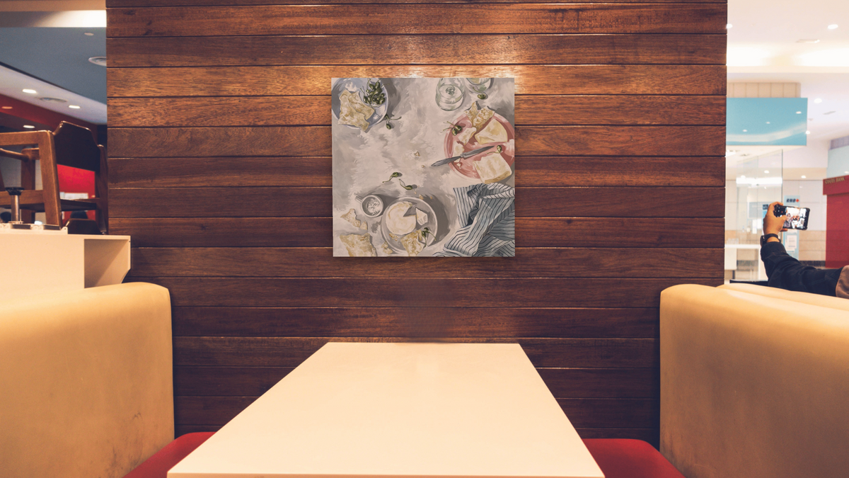 Have Your Cheese and Eat It Too, shown at 32 × 32 in (81.3 × 81.3 cm) as gallery-wrapped canvas, restaurant