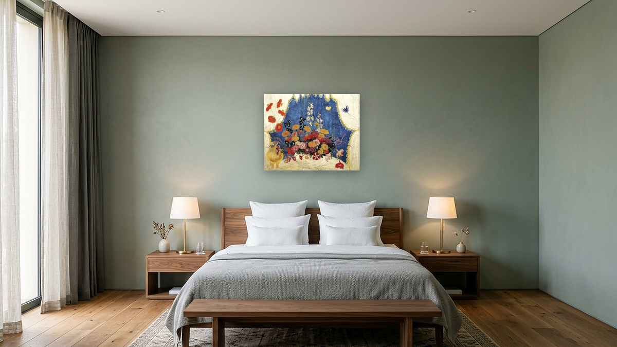 Morning (The White Curtains) by Florine Stettheimer, shown at 32 × 40 in (81.3 × 101.6 cm) as gallery-wrapped canvas, hotel guest room