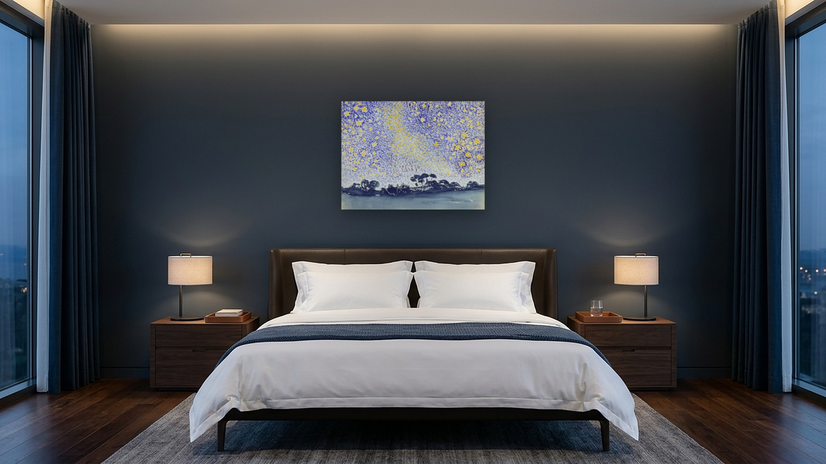 Landscape with Stars by Henri Edmond Cross, shown at 30 × 40 in (76.2 × 101.6 cm) as gallery-wrapped canvas, hotel guest room