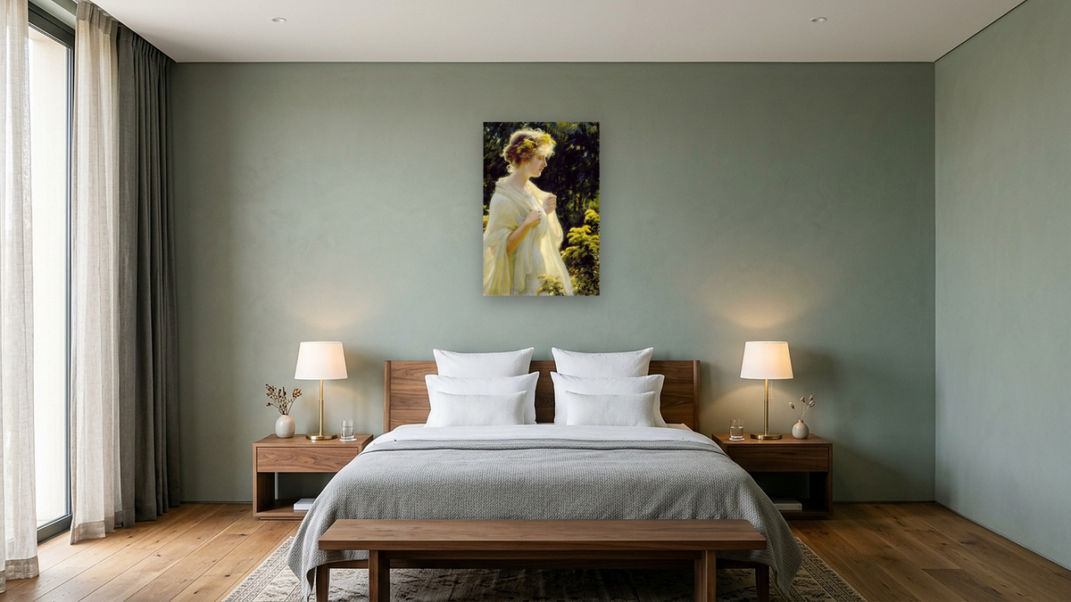 The Golden Profile by Charles Courtney Curran, shown at 28 × 42 in (71.1 × 106.7 cm) as gallery-wrapped canvas, hotel guest room
