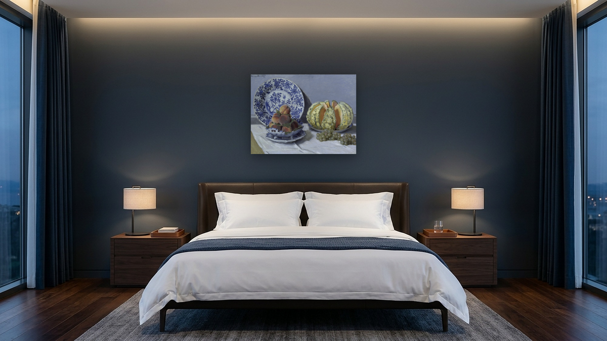 Still Life with Melon by Claude Monet, shown at 30 × 40 in (76.2 × 101.6 cm) as gallery-wrapped canvas, hotel guest room