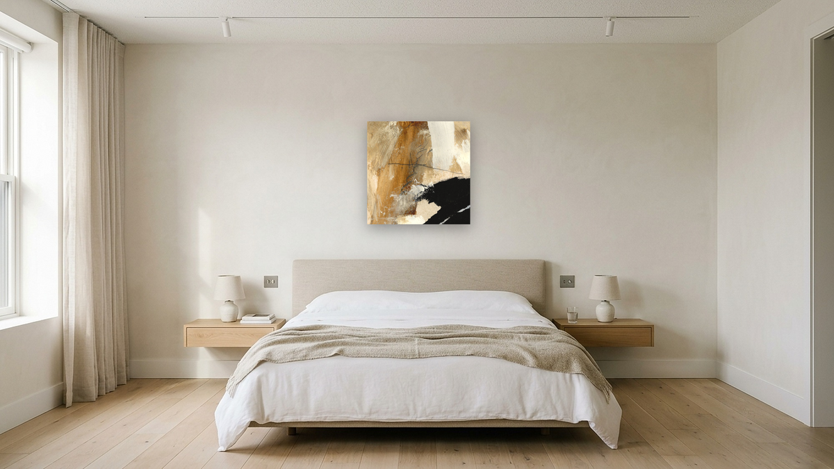 Underneath SQ by Dan Hobday, shown at 32 × 32 in (81.3 × 81.3 cm) as gallery-wrapped canvas, hotel guest room