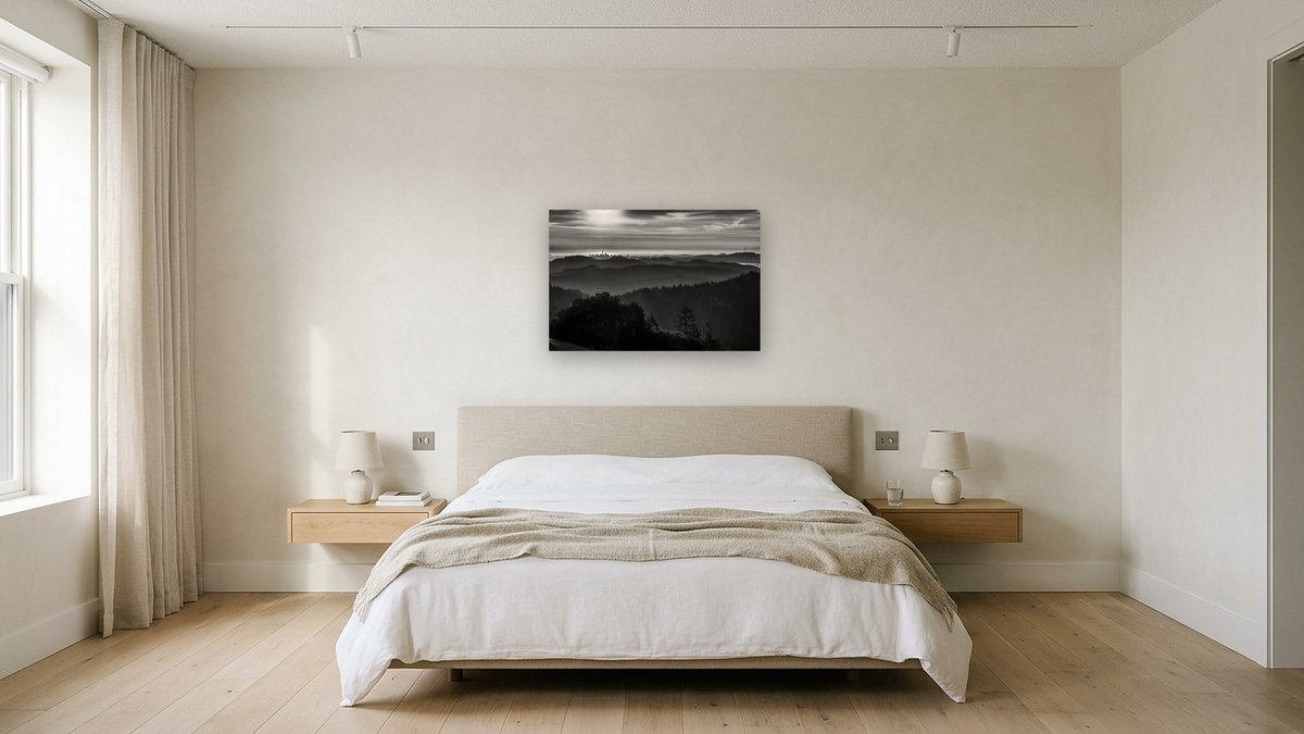 Cityscape by Michelle Abrams, shown at 28 × 42 in (71.1 × 106.7 cm) as gallery-wrapped canvas, hotel guest room