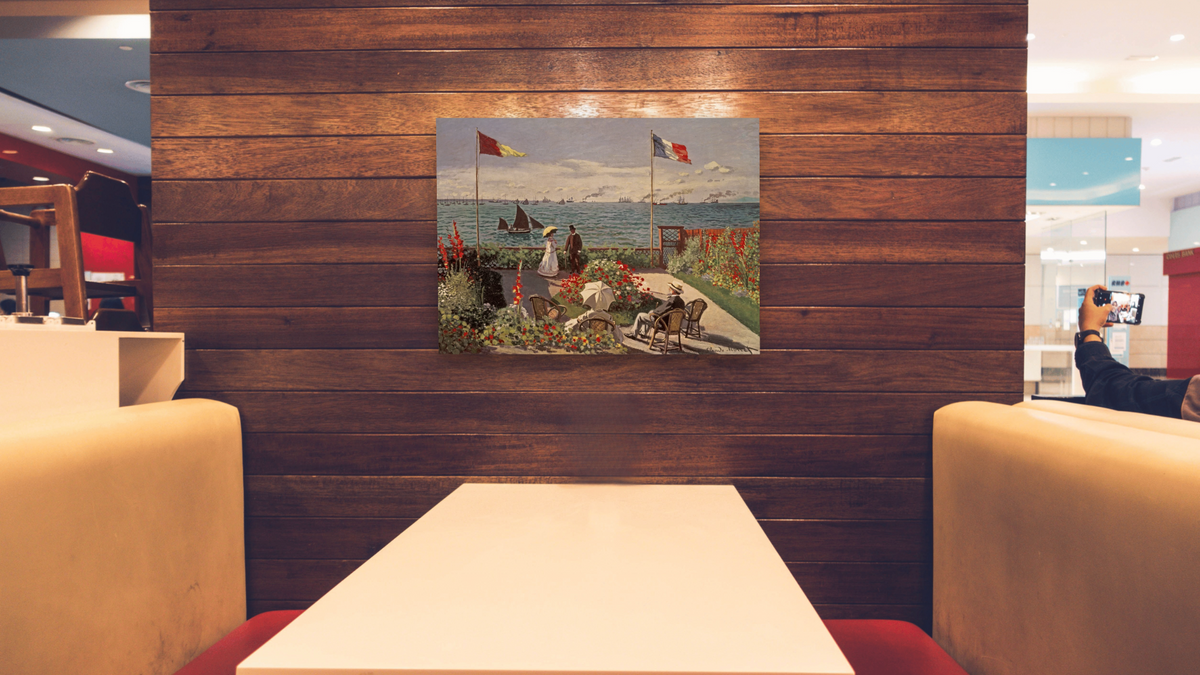 The Terrace at Sainte-Adresse by Claude Monet, shown at 30 × 40 in (76.2 × 101.6 cm) as gallery-wrapped canvas, restaurant