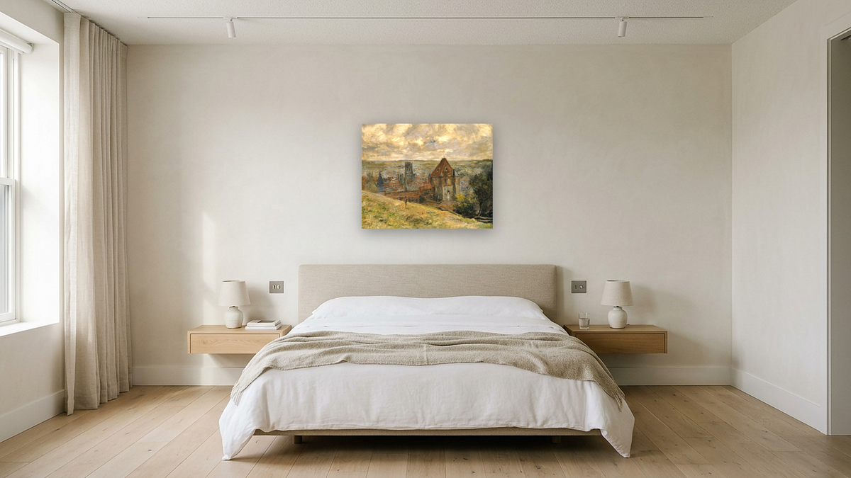 Dieppe by Claude Monet, shown at 32 × 40 in (81.3 × 101.6 cm) as gallery-wrapped canvas, hotel guest room