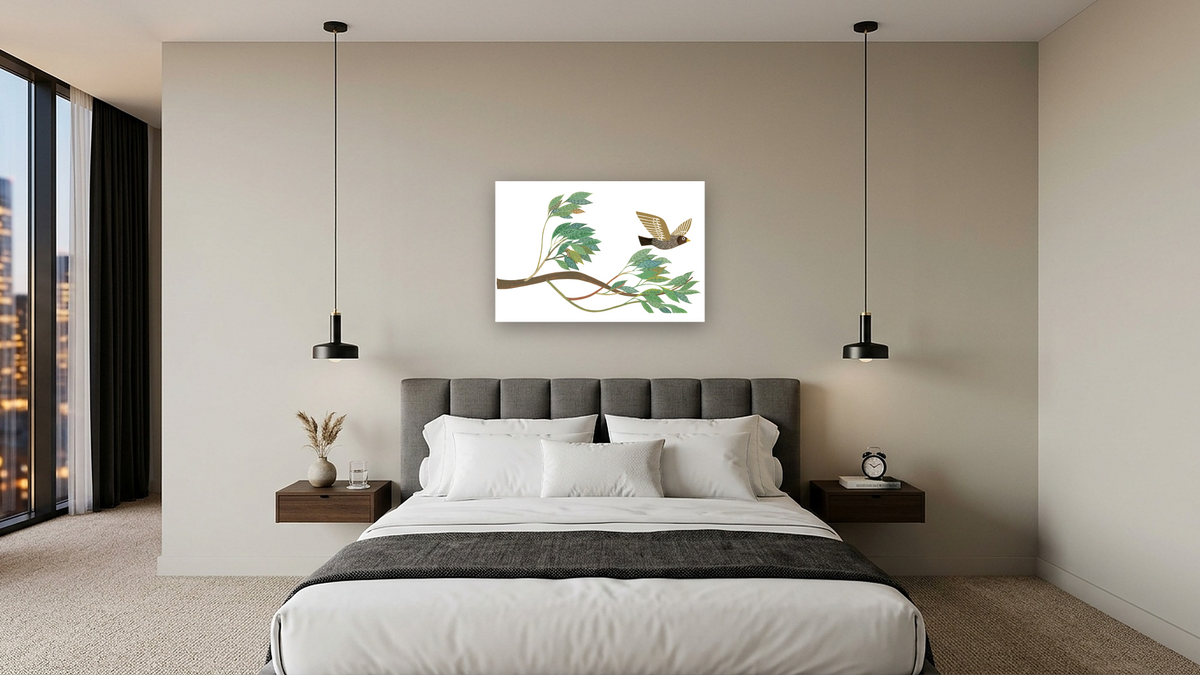 Tico and the Golden Wings by Leo Lionni, shown at 28 × 42 in (71.1 × 106.7 cm) as gallery-wrapped canvas, hotel guest room