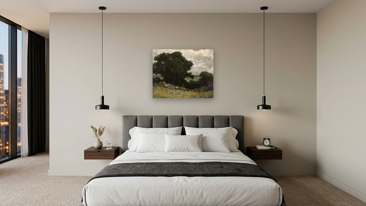 Landscape by Edward Mitchell Bannister, shown at 32 × 40 in (81.3 × 101.6 cm) as gallery-wrapped canvas, hotel guest room
