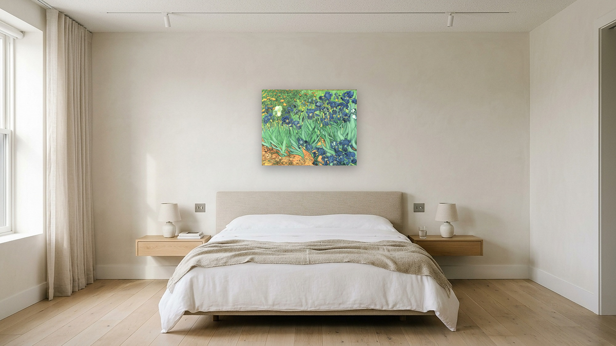Irises by Vincent van Gogh, shown at 32 × 40 in (81.3 × 101.6 cm) as gallery-wrapped canvas, hotel guest room