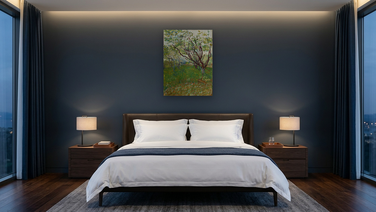 The Flowering Orchard by Vincent van Gogh, shown at 30 × 40 in (76.2 × 101.6 cm) as gallery-wrapped canvas, hotel guest room