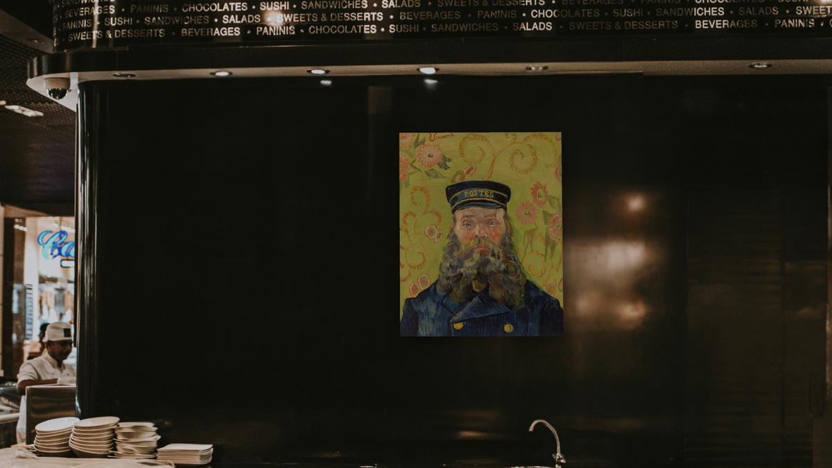 The Postman (Joseph-Étienne Roulin) by Vincent van Gogh, shown at 32 × 40 in (81.3 × 101.6 cm) as gallery-wrapped canvas, restaurant