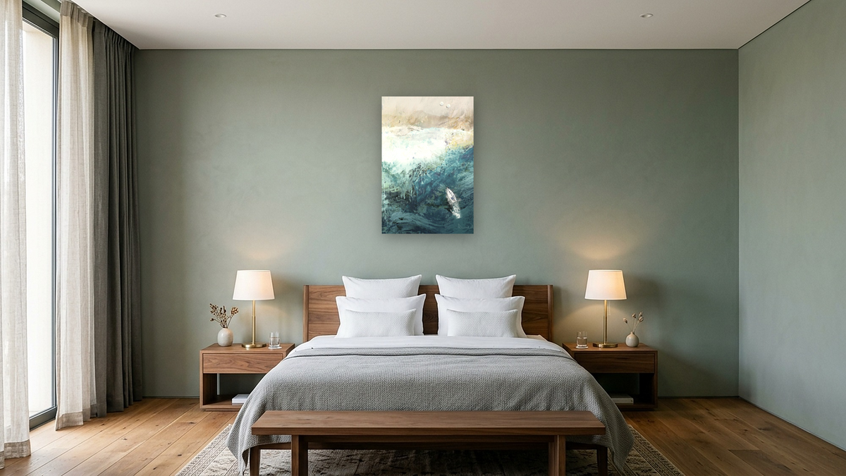 Azure Walk by Dan Hobday, shown at 28 × 42 in (71.1 × 106.7 cm) as gallery-wrapped canvas, hotel guest room