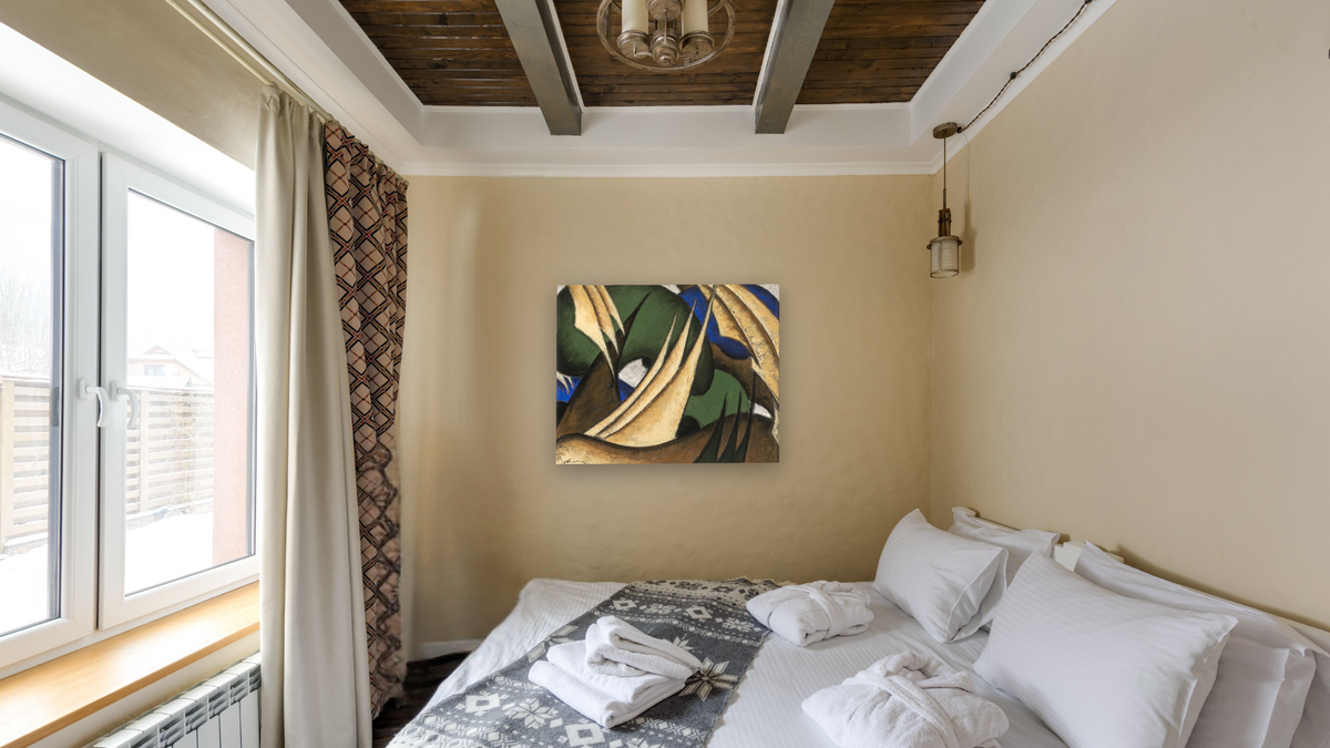 Sails by Arthur Dove, shown at 32 × 40 in (81.3 × 101.6 cm) as gallery-wrapped canvas, hotel guest room