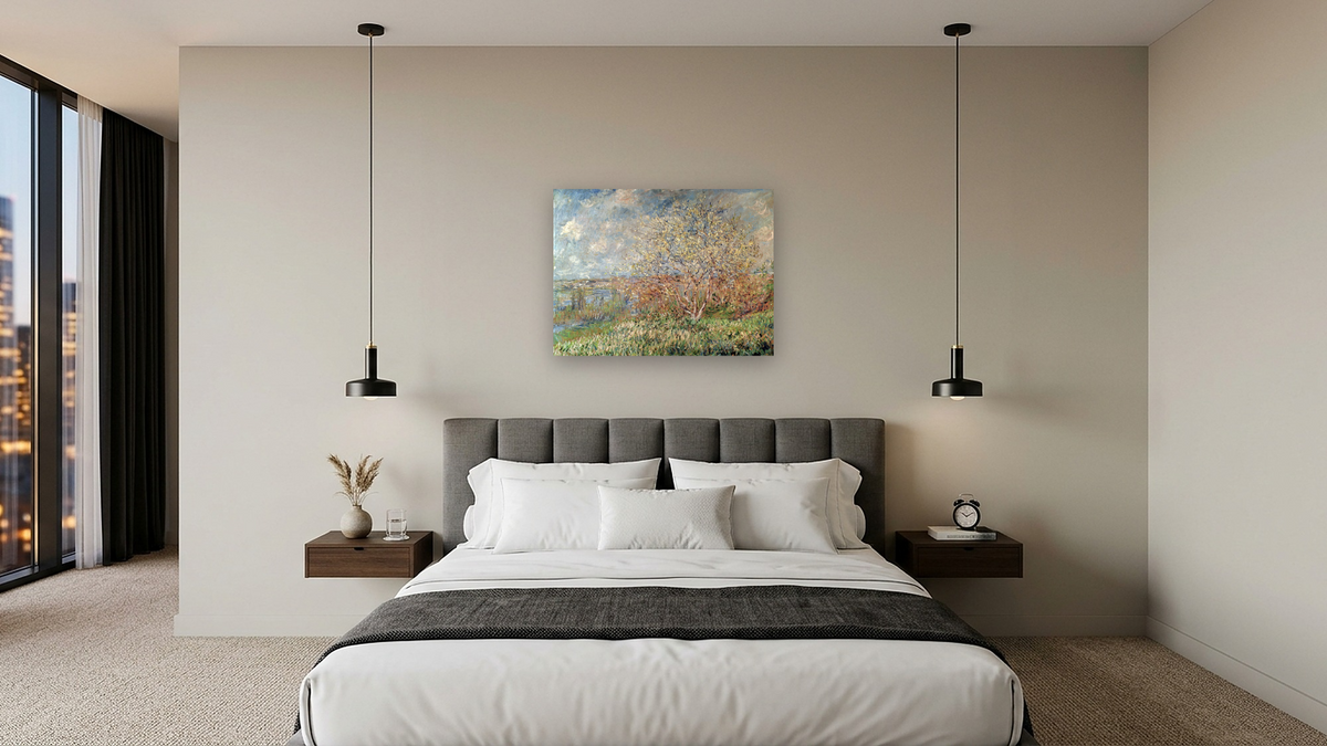Spring by Claude Monet, shown at 30 × 40 in (76.2 × 101.6 cm) as gallery-wrapped canvas, hotel guest room