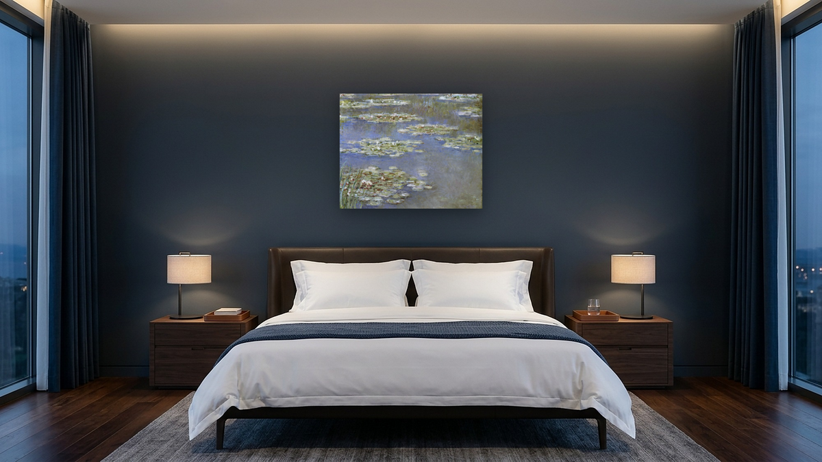 Nympheas by Claude Monet, shown at 32 × 40 in (81.3 × 101.6 cm) as gallery-wrapped canvas, hotel guest room